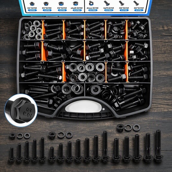 400Pcs Metric Flange Bolt and Nut Assortment Kit, Grade 10.9 Steel, M6 M8 M10 Hex Bolts with Flange Nuts, Flat Washers and Lock Washers, Black , 12mm to 45mm, Case Included