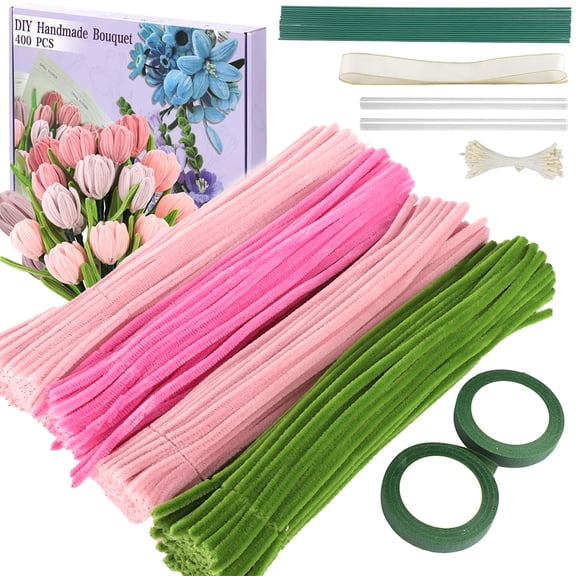 400Pcs Pipe Cleaners Craft, Bendable DIY Pipe Stick Twister Set, Creative Pipe Cleaners Floral Art Set for Birthday Party Friend Gift (Pink)