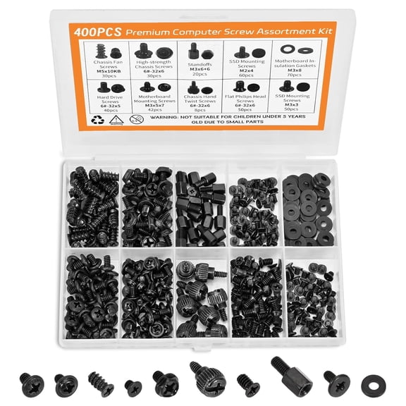 400Pcs Premium Computer Screws Kit for PC, Includes Motherboard Screws, Standoffs, SSD Mounting Screws, PC Case, Fan, and Hard Drive Screws  High-Strength & Durable for Custom Builds and Repairs