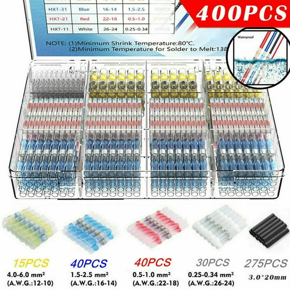 400Pcs Solder Seal Wire Connectors Heat Shrink Solder Butt Insulated Connectors Solder Connector Kit Waterproof