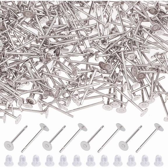 400Pcs Stainless Steel Earrings Posts Flat Pad Earring Studs 3mm Round Earring Stud Blanks Earring Pin with 400Pcs Ear Nuts for Jewelry Making