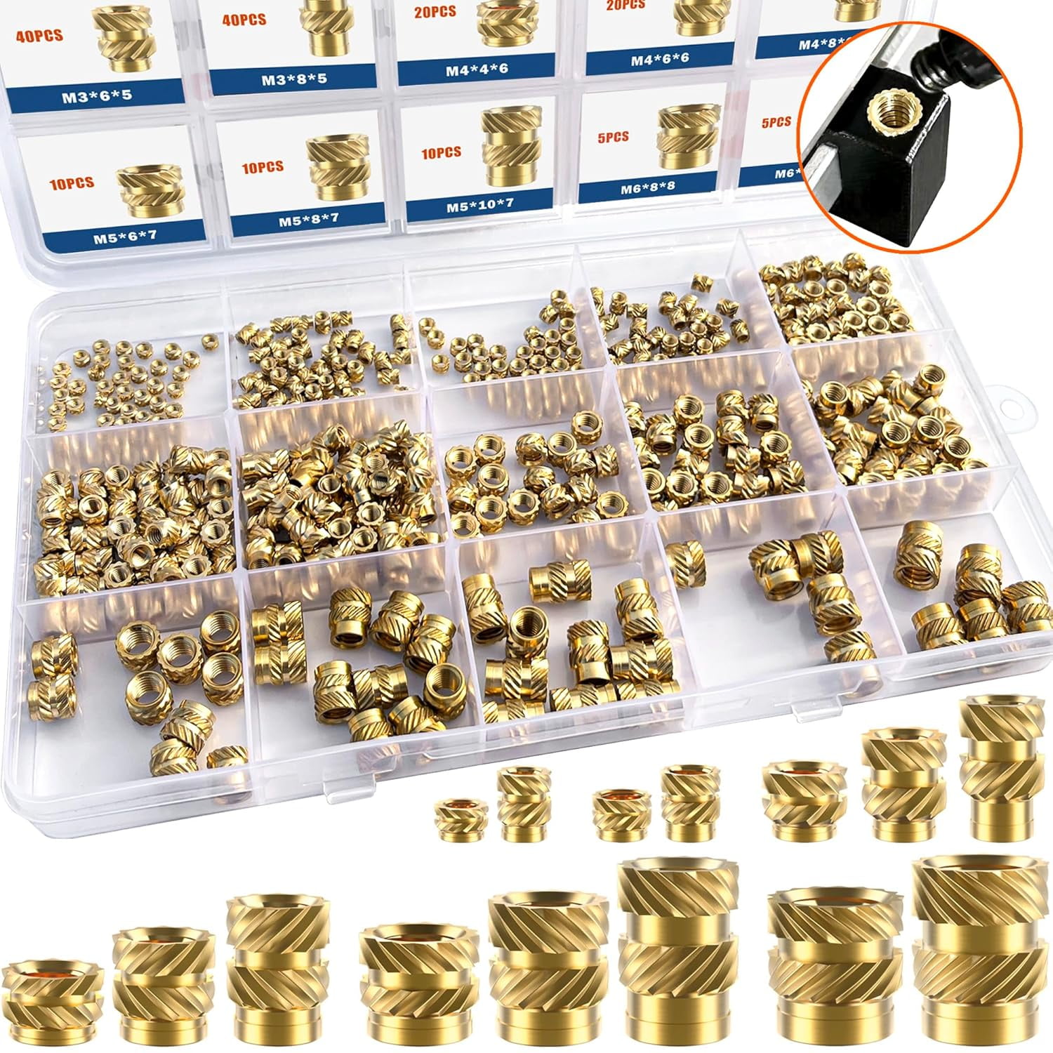 400Pcs Metric Heat Set Insert, M2 M2.5 M3 M4 M5 M6 Female Thread Knurled Nuts Assortment Kit, Brass Threaded Inserts for Plastic and 3D Printing Components (Threaded Ket)