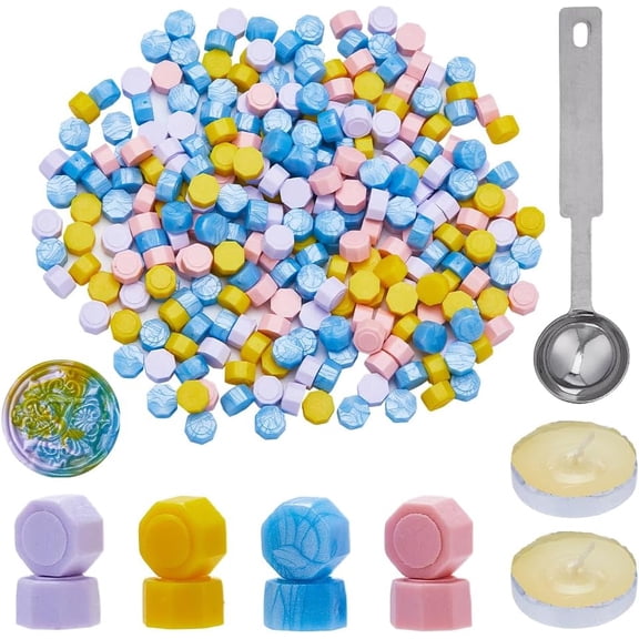 400Pcs Wax Seal Beads Set Mixed Color Octagon Wax Sealing Beads with 1Pc Stainless Steel Spoon and 2Pcs Candles and 1Pc Iron Beading Tweezers for Christmas Cards Wedding Invitations