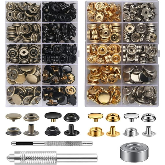 400Pieces (100 Sets) Leather Snap Fastener Kit Tool 5/8inches (15mm) Snap Button kit Snaps for Leather Anti-Rust Fasteners for Bag, Jeans, Clothes, Fabric (Gold & Silver & Bronze & Black Snaps)