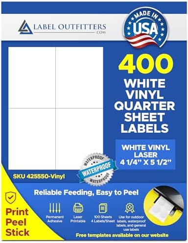 400 Printable White Vinyl Quarter Sheet Labels - Waterproof Laser Labels, 4.25" X 5.5"