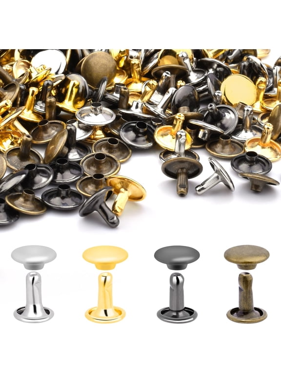 400Sets Rivets for Leather, 10mm Double Round Cap Rivets, Leather Rivets Tubular Studs Spike for Purse Strap Key Rings Clothing Fabric Pets Collar Repair Hardware (4 Color)