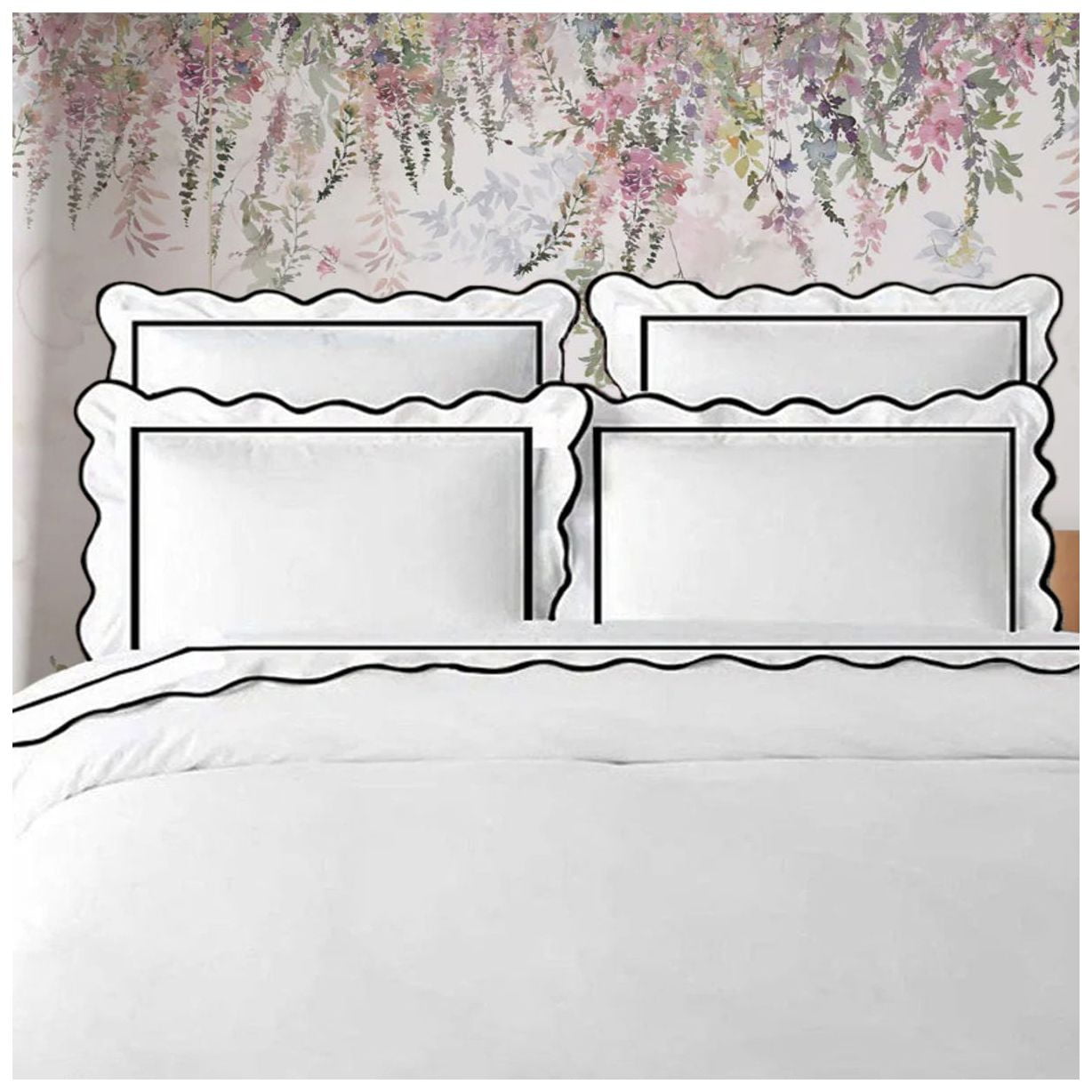 400TC Cotton Scallop Embroidery & Border Sateen Solid Duvet Cover set Full/Queen 88"x88" 1 Duvet cover and 20"×30" 2 Pillow sham, Black Scallop and Border