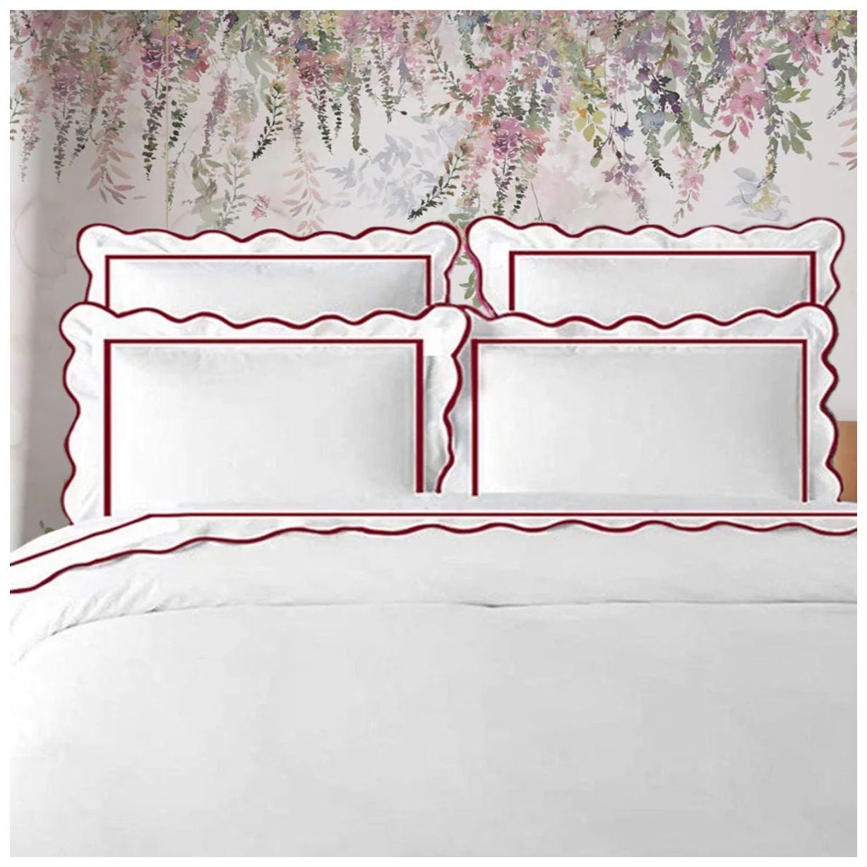 400TC Cotton Scallop Embroidery & Border Sateen Solid Duvet Cover set Full/Queen 88"x88" 1 Duvet cover and 20"×30" 2 Pillow sham, Burgundy Scallop and Border