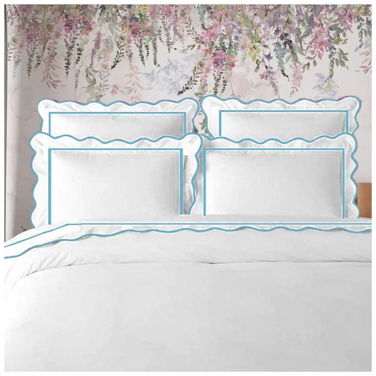 400TC Cotton Scallop Embroidery & Border Sateen Solid Duvet Cover set Full/Queen 88"x88" 1 Duvet cover and 20"×30" 2 Pillow sham, Light Blue Scallop and Border