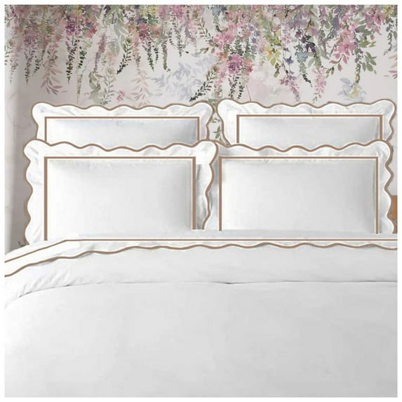 400TC Cotton Scallop Embroidery & Border Sateen Solid Duvet Cover set Full/Queen 88"x88" 1 Duvet cover and 20"×30" 2 Pillow sham, Taupe Scallop and Border