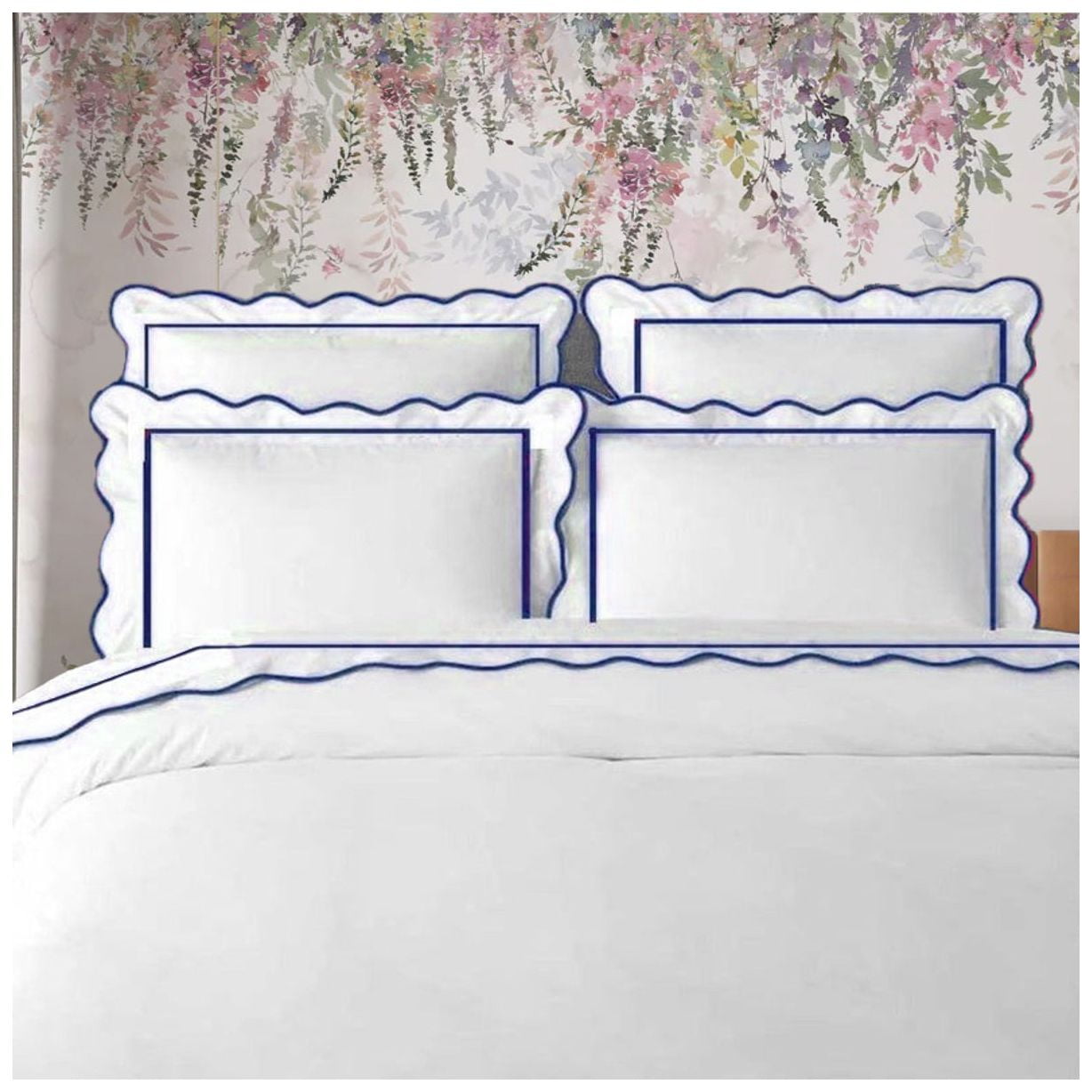400TC Cotton Scallop Embroidery & Border Sateen Solid Duvet Cover set King/Cal-King 106" × 88" 1 Duvet cover and 20"×36" 2 pillow sham , Navy Blue Scallop and Border