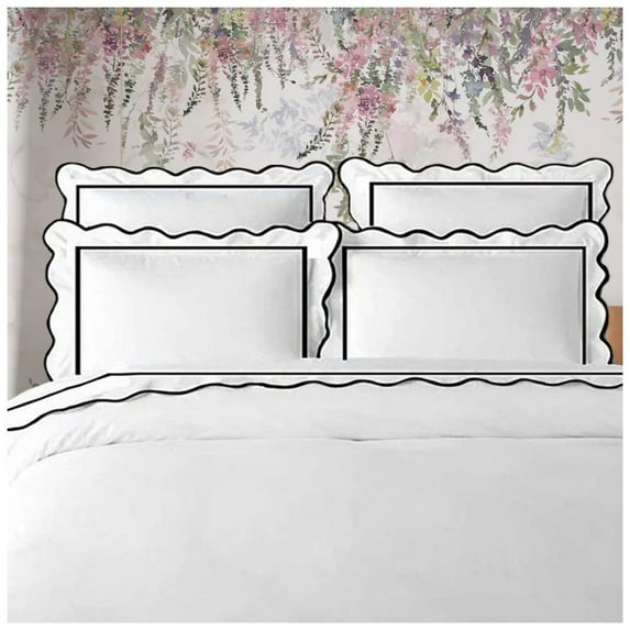400TC Cotton Scallop Embroidery & Border Sateen Solid Duvet Cover set Oversized King 120" × 98" 1 Duvet cover and 20"×36" 2 Pillow sham , Black Scallop and Border