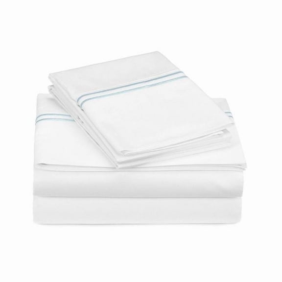 400TC Double Line Embroidery Sateen Solid Cotton Queen Sheet Set, Light Blue