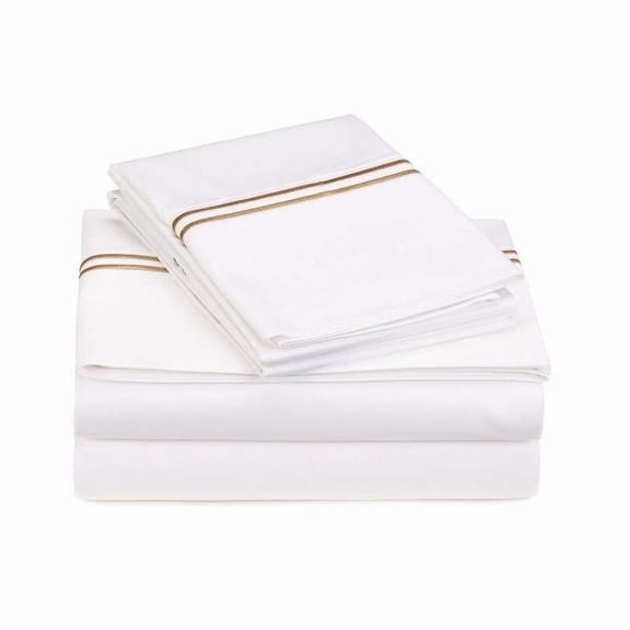 400TC Double Line Embroidery Sateen Solid Cotton Queen Sheet Set, Taupe