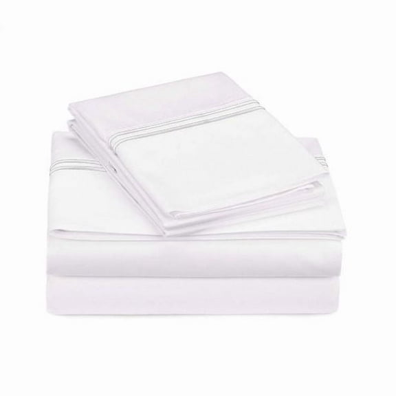 400TC Double Line Embroidery Sateen Solid Cotton Queen Sheet Set, White