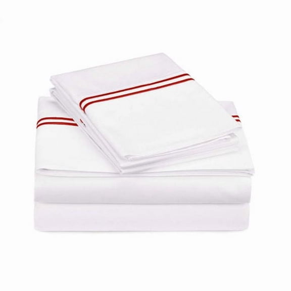 400TC Double Line Embroidery Sateen Solid Cotton Twin Sheet Set, Burgundy