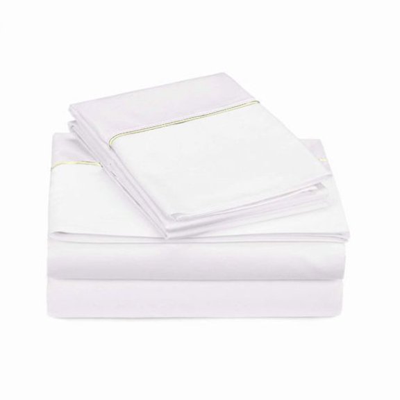 400TC Single Line Embroidery Sateen Solid Cotton King Sheet Set, Ivory