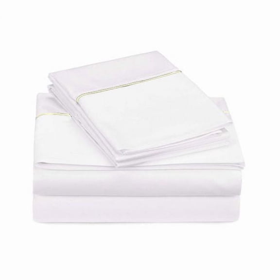 400TC Single Line Embroidery Sateen Solid Cotton Twin Sheet Set, Ivory