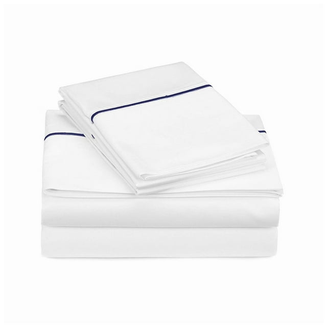 400TC White Sateen Solid Cotton Single Embroidery Navy Border Cal - King Sheet Set