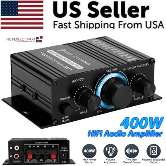 400W 12V HiFi Stereo Audio Power Amplifier, 2 Channel Mini Bass Sound Amp with Treble Bass Control for Car Speaker, Home Theater, Desktop, Marine, Golf Cart, Aluminum Black