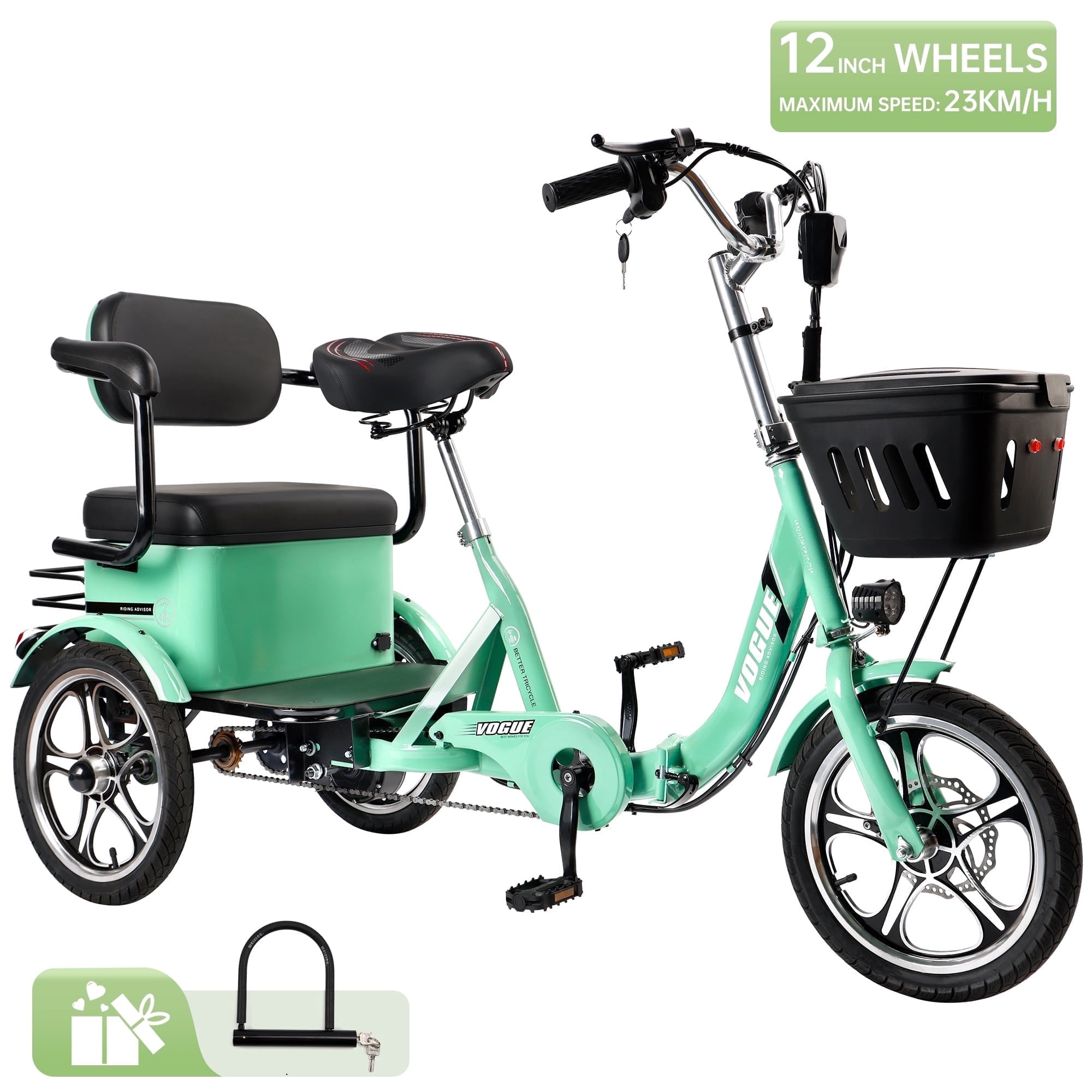 Triker Electric Bike, 400W Folding Trike Ebike, 3 Wheel Electric Bicycle, Up to 34 Miles, 16 Tire Tricycle for Adults, Green