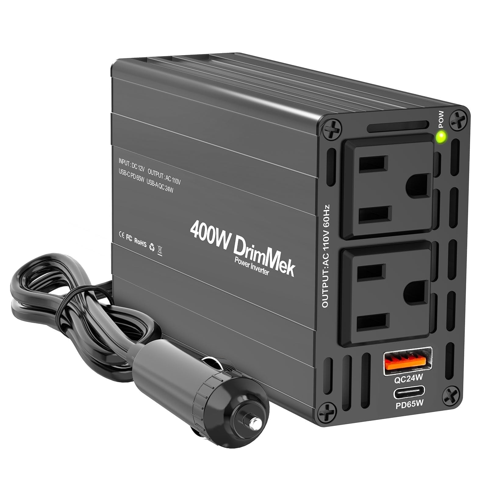 YSOLX 400W Car Power Inverter, DC 12V to 110V AC Adapter with Fast Charging USB-C 65W & 24W Ports