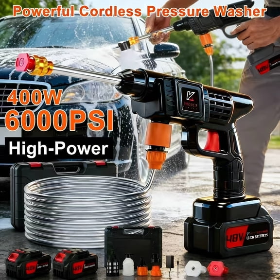 400W Cordless Portable Car Washer, High-Pressure Power Cleaner w/ 6-in-1 Nozzle & 5m Hose, Battery-Powered for Home/Garden/Auto
