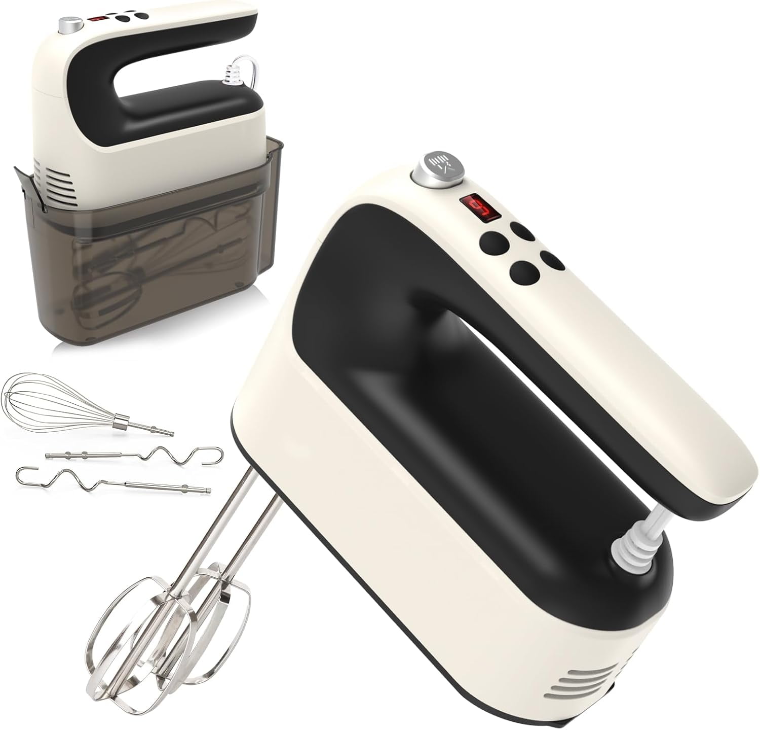 400W DC Motor Digital Hand Mixer with Storage Case, 5 Stainless Steel Accessories including Beaters, Dough Hooks and Whisk