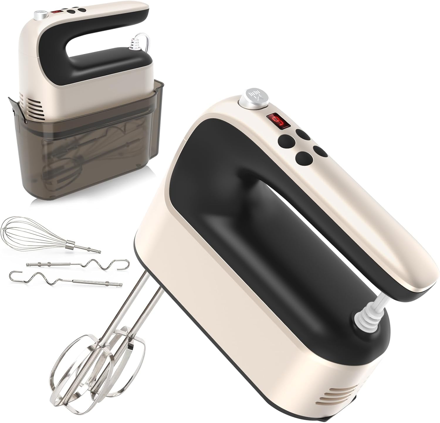 400W DC Motor Digital Hand Mixer with Storage Case, 5 Stainless Steel Accessories including Beaters, Dough Hooks and Whisk