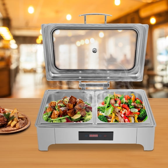400W Electric Chafing Dish Buffet Server with 2 Trays 9L Large Capacity Touch Temperature Control 201 Stainless Steel Food Warmer with Glass Lid for Wedding Banquet Restaurant Party