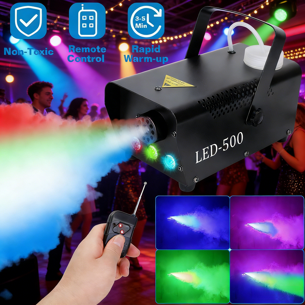 400W Fog Machine RGB LED 9.45In Stage Smoke Remote Control 3-5Min Heat Up 2.99Lbs DJ Party Club Wedding Halloween Christmas Effect Light 8Ft Distance Indoor Use Professional Wireless Controller