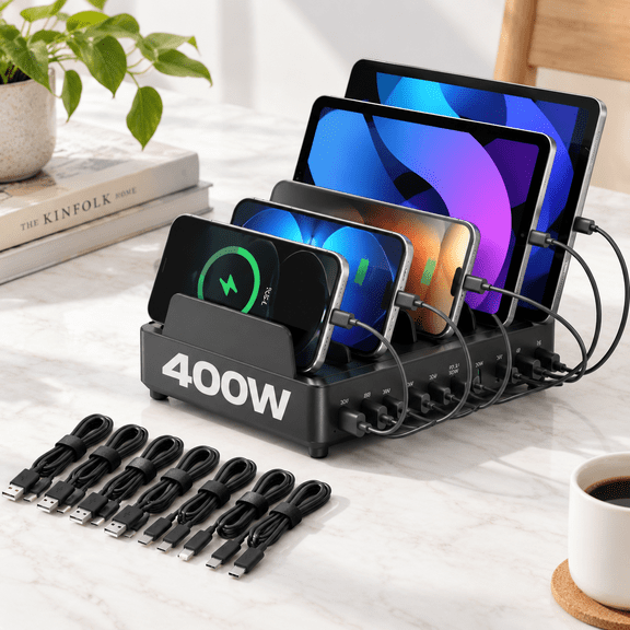 400W Multi-Device Charging Station Organizer Dock with 10 Ports