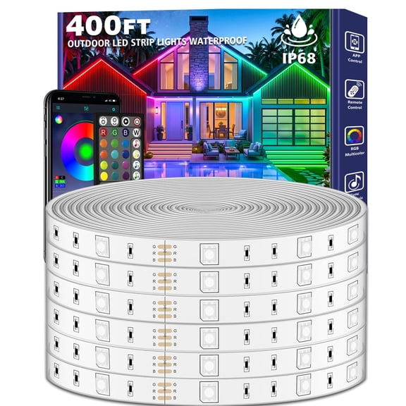 400ft Outdoor LED Strip Lights Waterproof,IP68 Outside Led Light Strips with App and Remote,Music Sync RGB Exterior Rope Self Adhesive Back for Eaves Deck,Balcony,Pool