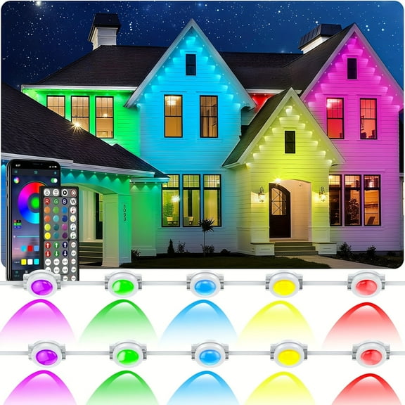 400ft Smart RGBW Outdoor Eave Lights - IP67 Waterproof APP/Remote Control, Music Sync Dynamic Modes, Plug-in Permanent Installation for Christmas Garden House Party