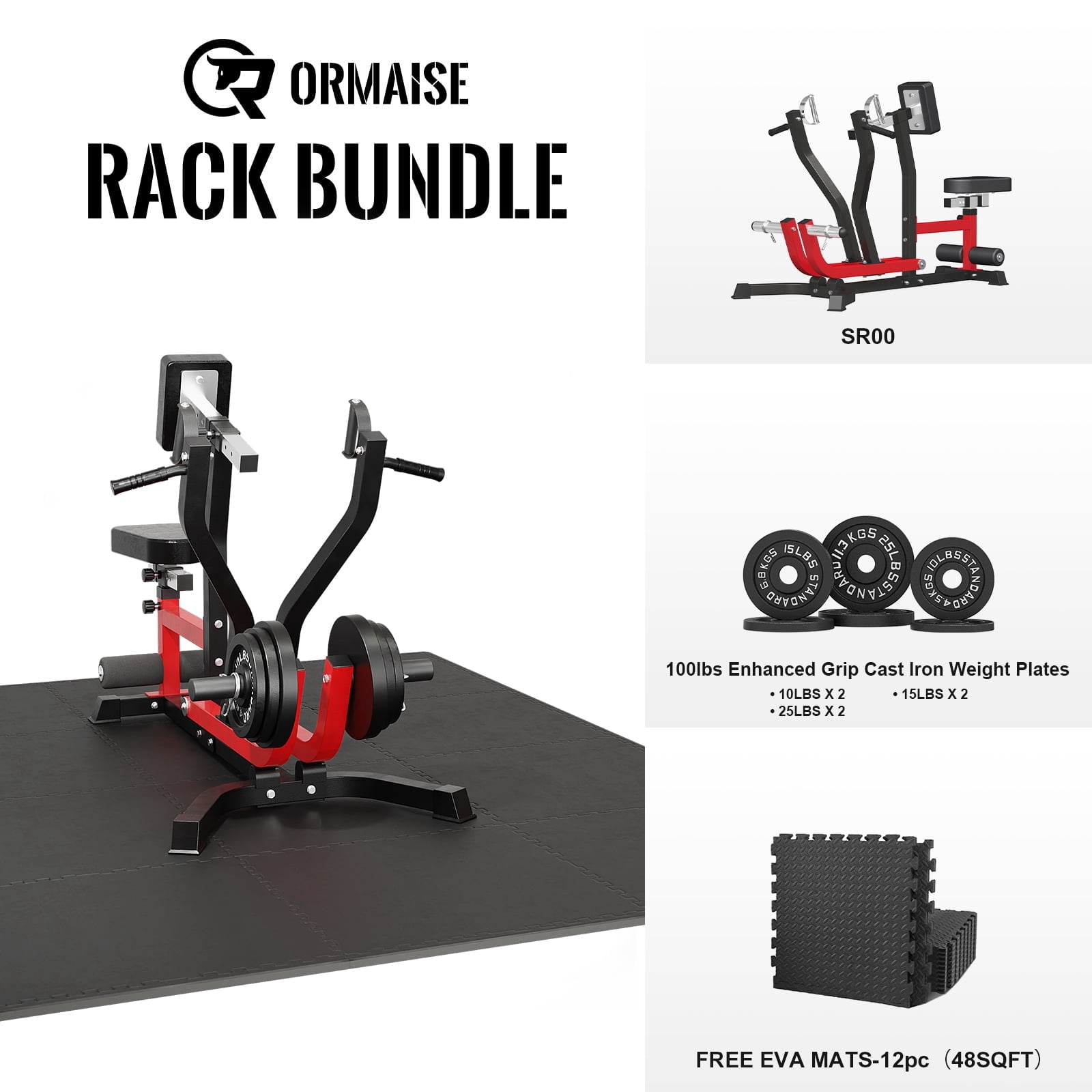 400lb Capacity Seated Row Machine with Plate Loaded Arms,Adjustable Back Workout Equipment with 100LBS Iron Weight Plate, 12PC Rubber Mats  Combo