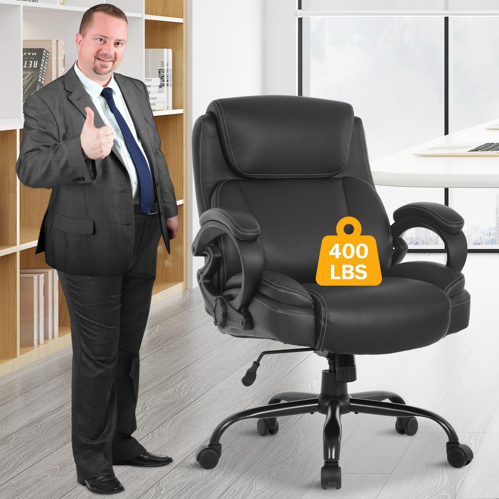 400lb Heavy Duty Office Chair, Ergonomic 43" H High-Back Executive Chair with Adjustable Lumbar Support