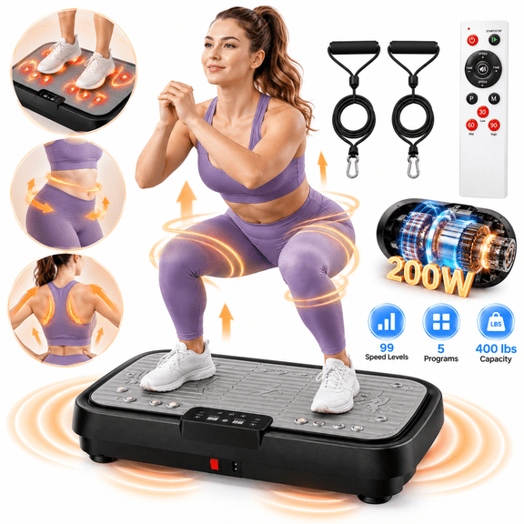 400lbs Capacity Vibration Plate, Vibration Machine with Massage Surface for Standing Workouts & Seated Foot Sessions, Magnetic Comfort Pedal, 99 Speed Levels, 5 Programs, Wireless Remote