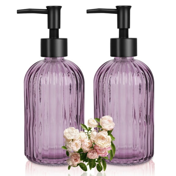 400ml (13.5oz) 2-Pack Soap Dispensers, Purple & Black Stripe Diamond-Cut Design, Lead-Free Glass Bottles with Small Plastic Pump, Dishwasher Safe for Bathroom & Kitchen