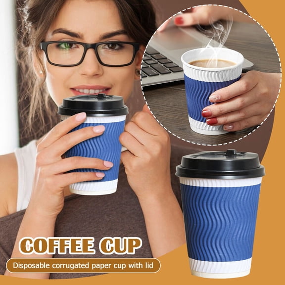 400ml Blue S-Pattern Disposable Paper Cups with Lids Leak-Proof Hot & Cold Beverage Cups, Eco-Friendly, Microwave-Safe, Compostable, Party Supplies, Cafe Essentials, Bulk Pack (50 pcs)