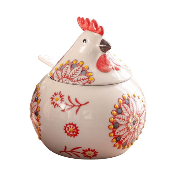 400ml Ceramic Cute Glazed Rooster Container Lid And Spoon Spice Storage Container