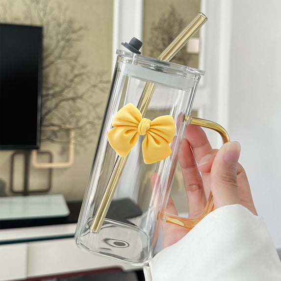 400ml Clear Glass Water Cup with Lid, Handle & Removable Bow – Cute Reusable Tumbler with Straw (4 Colors)
