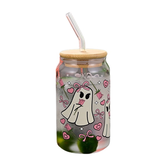 400ml Cute Ghost Halloween Glass Tumbler With Lid & Straw Reusable 16oz Iced Coffee Cup Fall Party Drinkware Spooky Holiday Gift For Women Teen Girls Boo Basket Stuffer