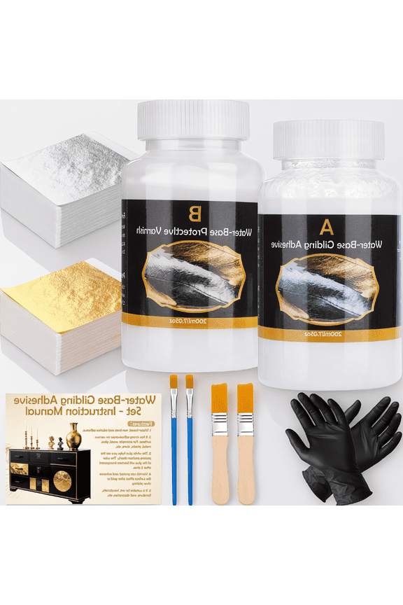 400ml Gilding Adhesive and Varnish Set with 200 Gold Silver Foil Sheets, 4 Brushes, Gloves for DIY Decor