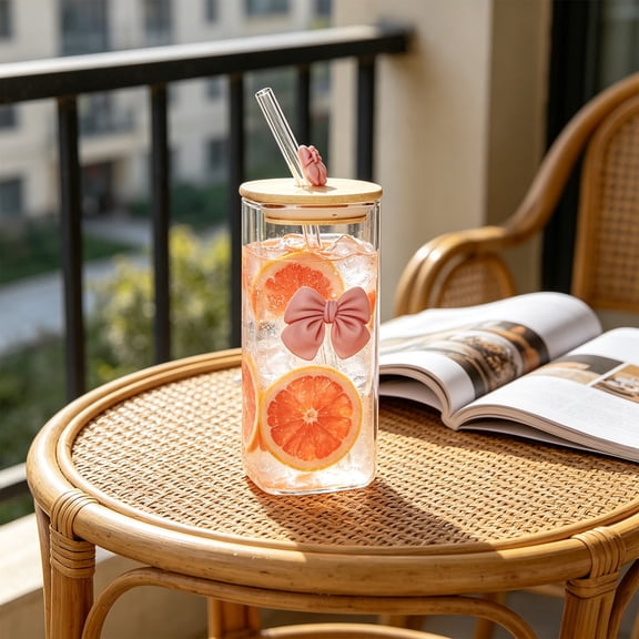 400ml Glass Water Cup with Detachable Butterfly Decoration, Lead Free Glass Straw and Lid, Clear Sturdy for Beverage Coffee Cold Drink Home Office