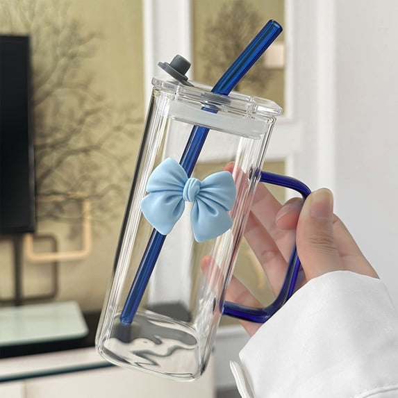 400ml Glass Water Cup with Handle, Lid & Glass Straw, Detachable Butterfly Decor for Home Office Daily Use