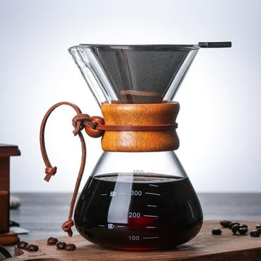 400ml Pour Over Coffee Maker, Glass Pour Over Coffee Maker with Double Layer Stainless Steel Filter V Spout Wooden Sleeve Coffee Brewer for Home Cafe Party
