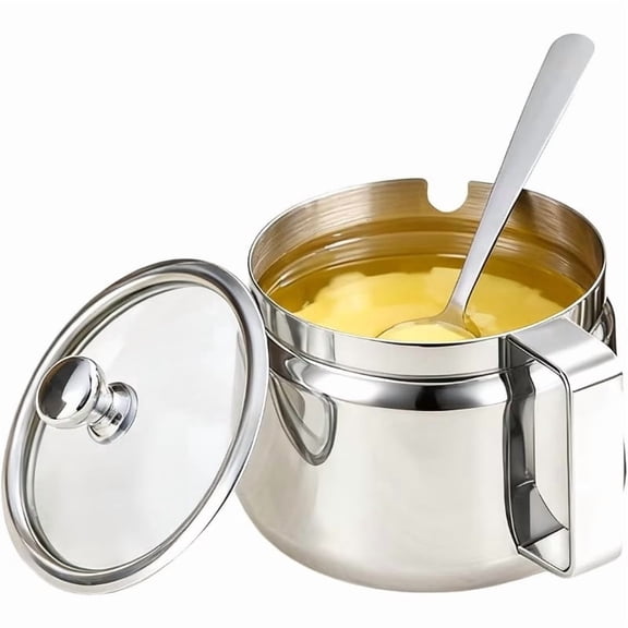 400ml Stainless Steel Ghee Pot with Lid & Spoon - Premium 304 Grade Clarified Butter Container for Kitchen and Pooja Use