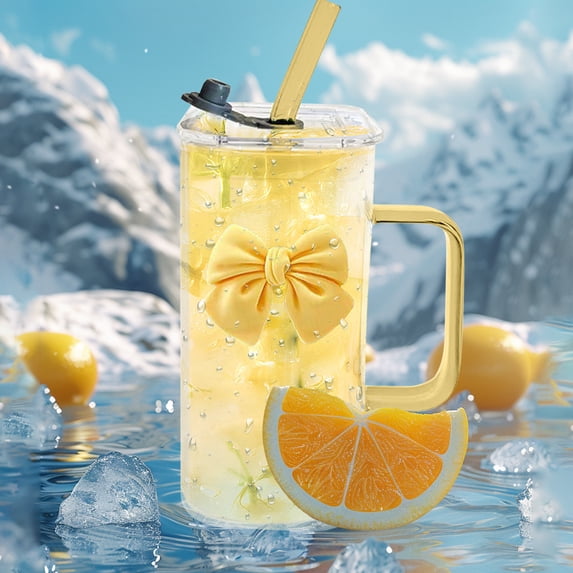 400ml Transparent Glass Cup with Bow Knot Handle, Glass Cup, Drinking Cup, Includes Straw and Lid for Hot/Cold Drinks, for Coffee Milk Beverages at Home Office, Tumbler, Yellow