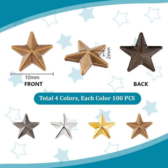 400pcs 4 Colors Iron on Stars 10mm Hotfix Iron On Flat Back Star Cabochons Brass Star Embellishments Metal Mini Stars for Clothes Jeans Crafts Earrings Necklaces Jewelry Making