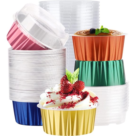 400pcs 5oz Disposable Aluminum Foil Baking Cups with Lids, Mini Ramekins for Cupcakes, Cheesecake, Creme Brulee and Desserts, Oven-Safe Silver Containers